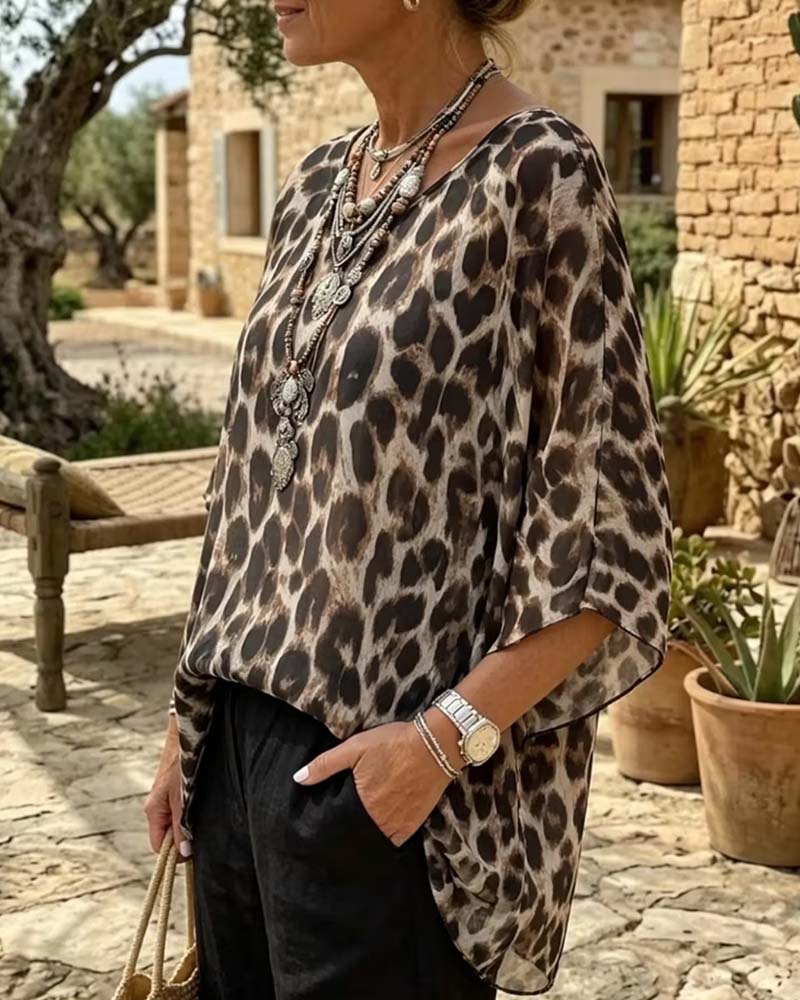 Blus Leopard Fladdermus-Ärm Löst