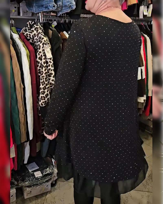 Klänning V-halsning Fin Glitter Mesh Lappverk Lössittande