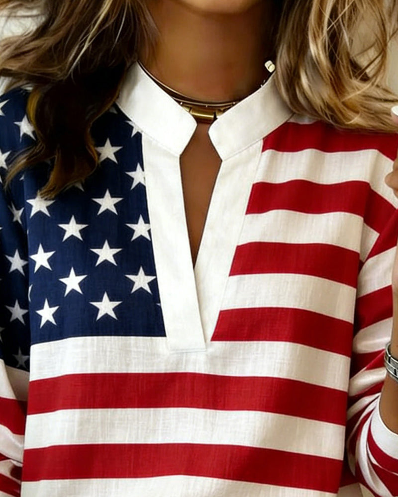 Blus Flagga Print Mandarin Krage V-Hals