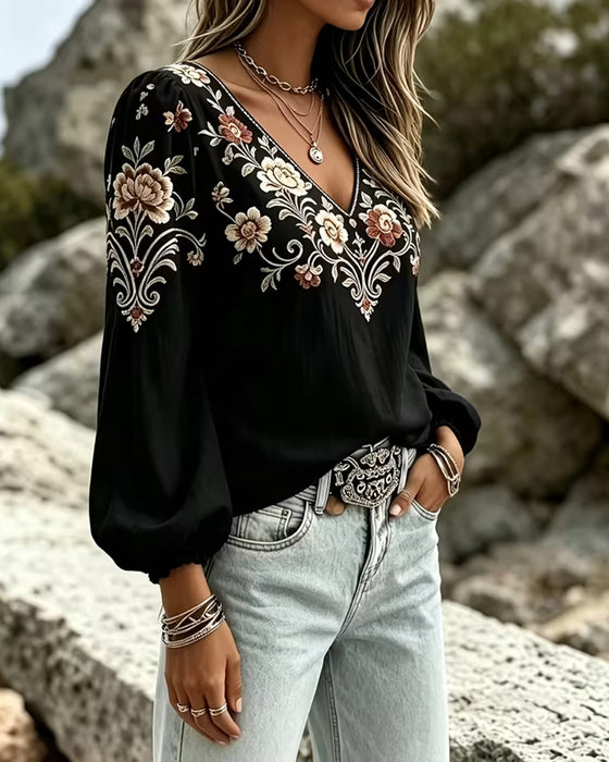 Blus V-Hals Blommig Casual