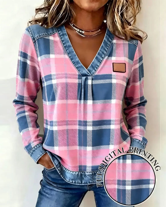 Topp V-Hals Rutig Denim Patchwork