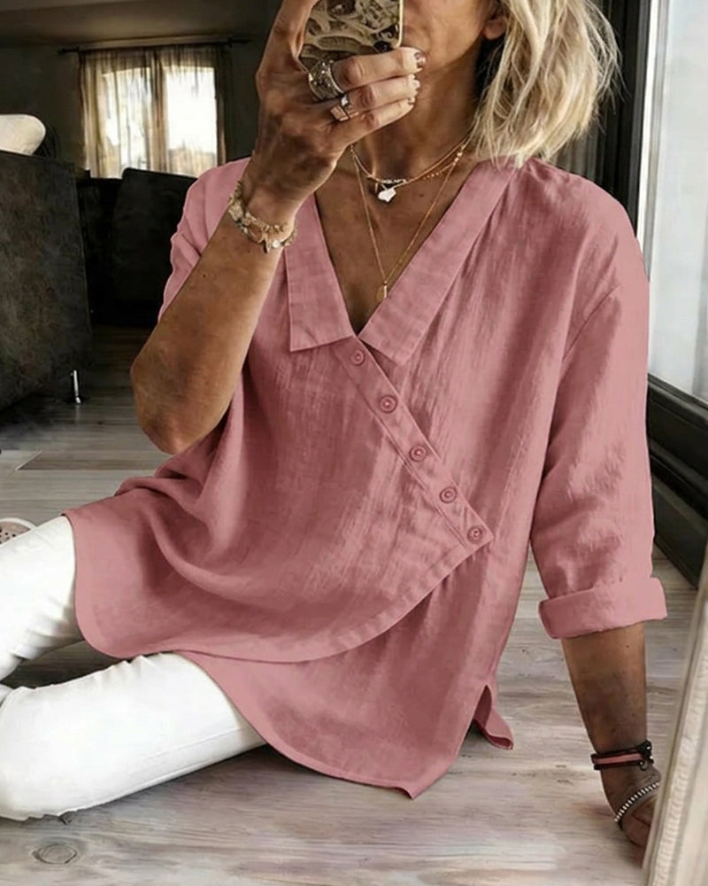 Blus Med Asymmetrisk Diagonal Knäppning Och Krage