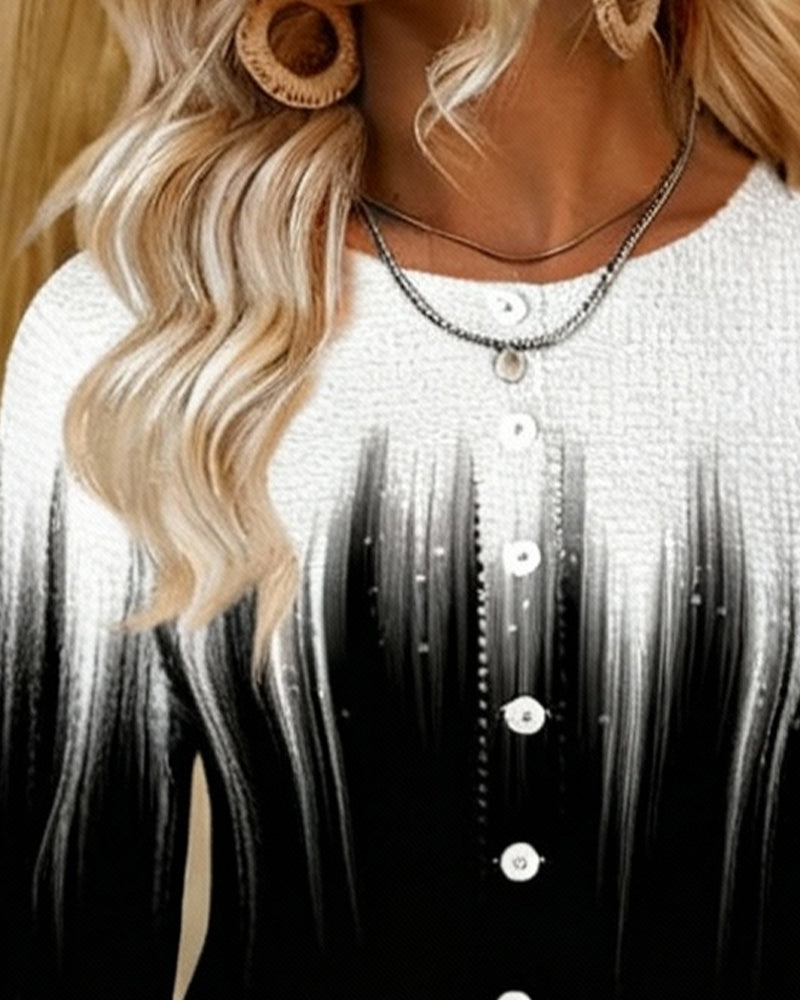 Långärmad Topp Med Rund Hals Och Färgövergång Samt Knappar