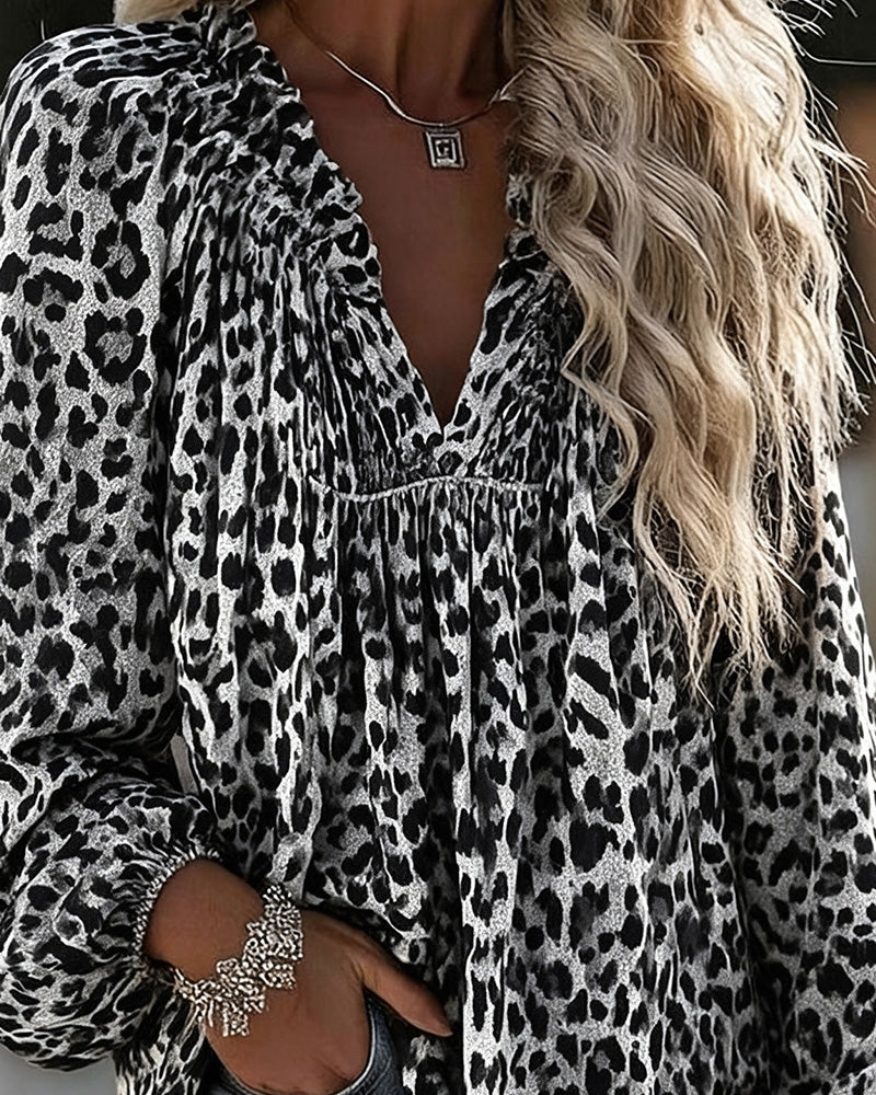 Blus V-Hals Leopard Tryck Rynkad Puffärm
