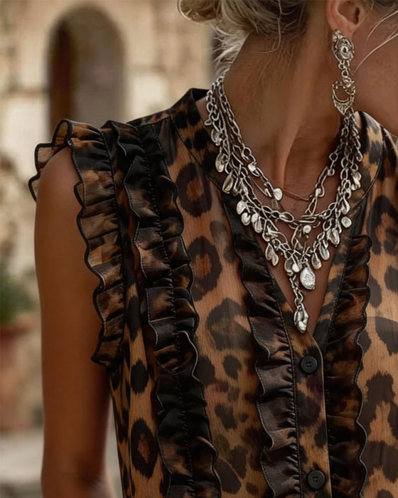 Linne Ärmlös Leopard Tryck Rynkad