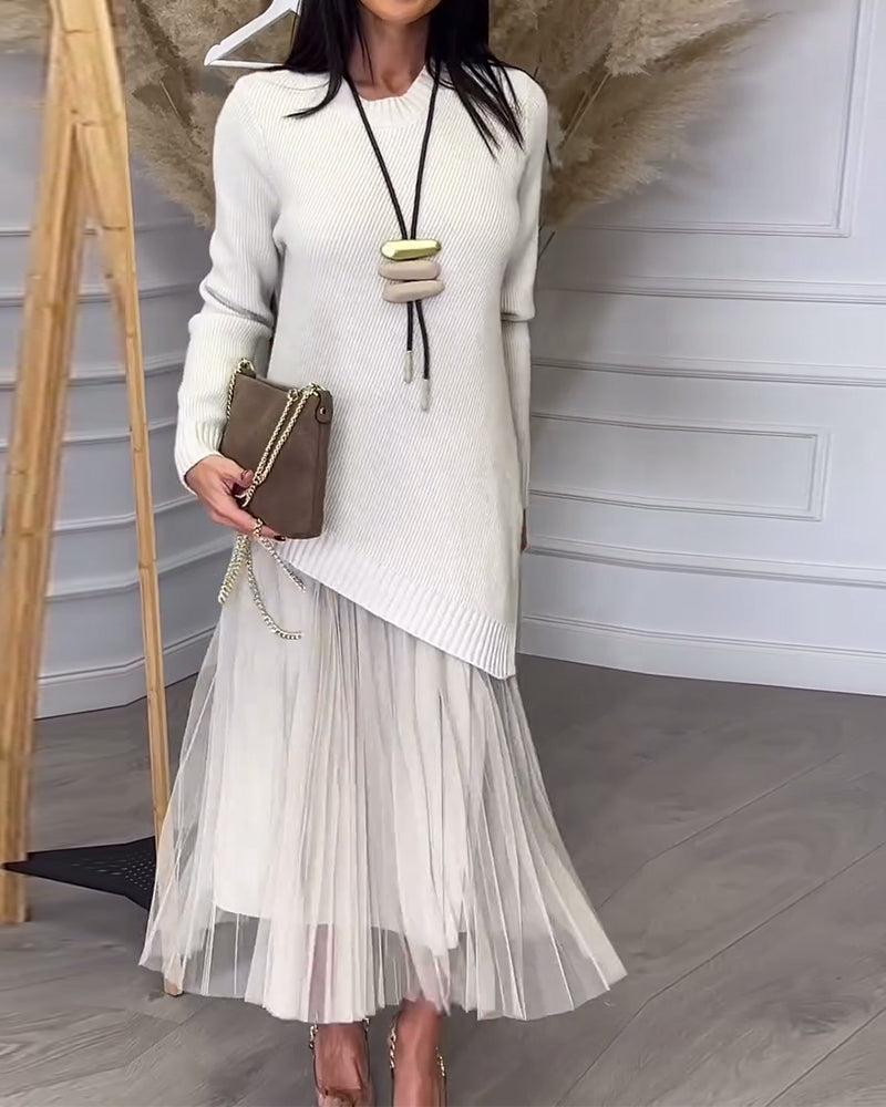 Tvådelat Set Med Pullover Och Kjol I Rund Halsringning Och Oregelbunden Design