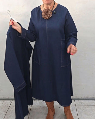 Klänning Rund Hals Ficka Rak Lång Ärm Denim