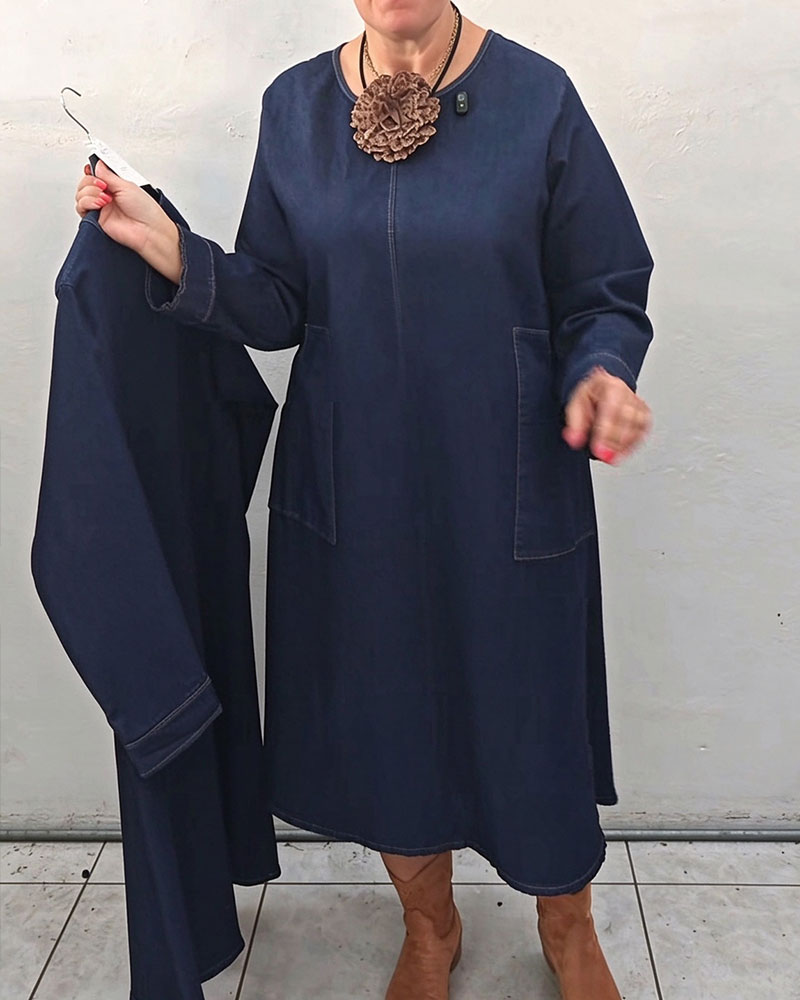 Klänning Rund Hals Ficka Rak Lång Ärm Denim