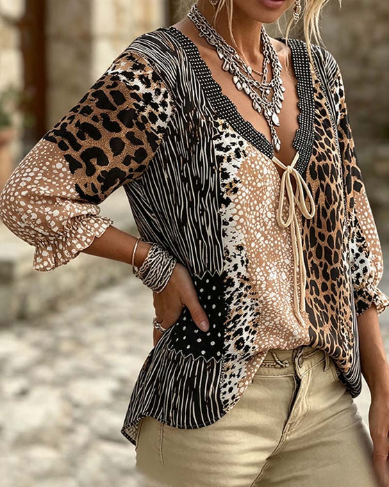 Blus V-Hals Leopard Prick Bubbel Ärm