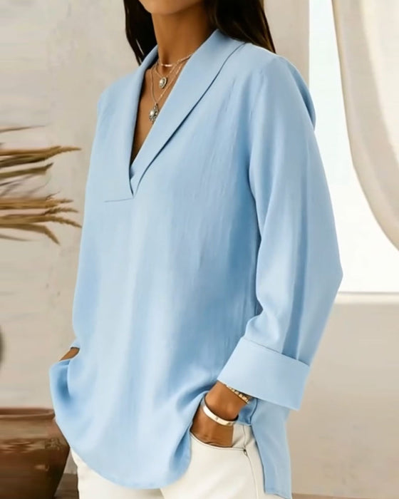 Topp Enkel V-Hals Lång Ärm