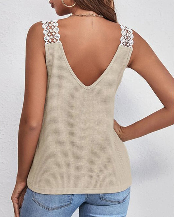 Väst Enfärgad Avslappnad Spets Våffelsöm