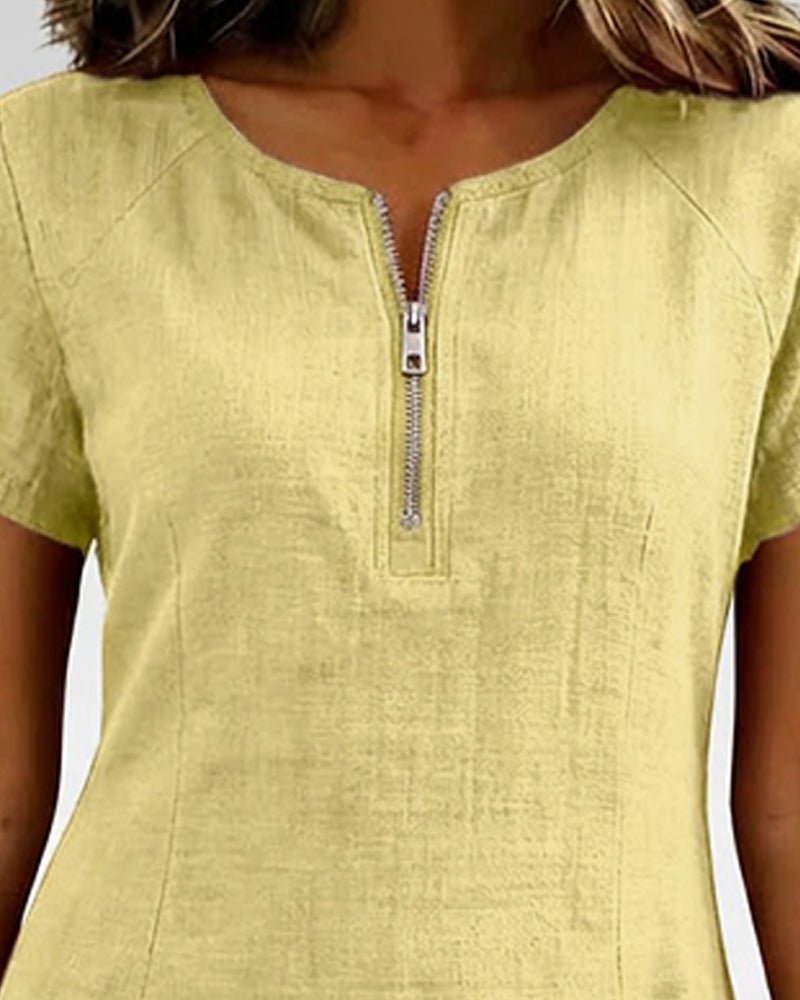 Klänning Dragkedja Ficka Bomull Linne