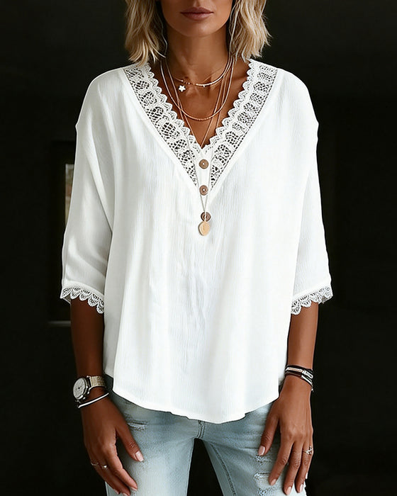 Blus Spets V-Ringning Trekvartsärm