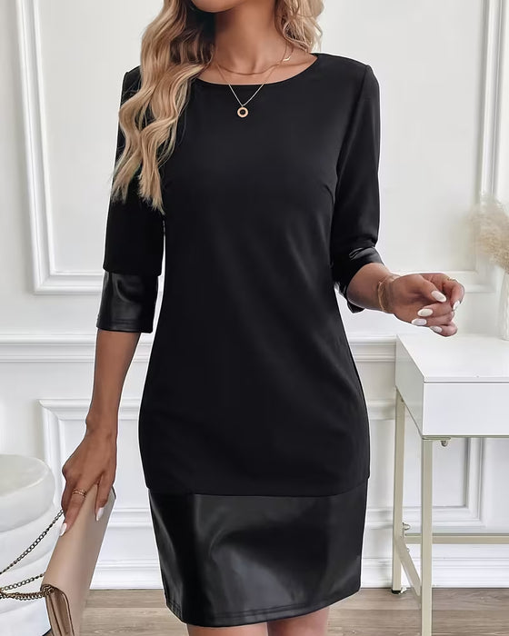 Klänning Pu Läder Patchwork Rund Hals