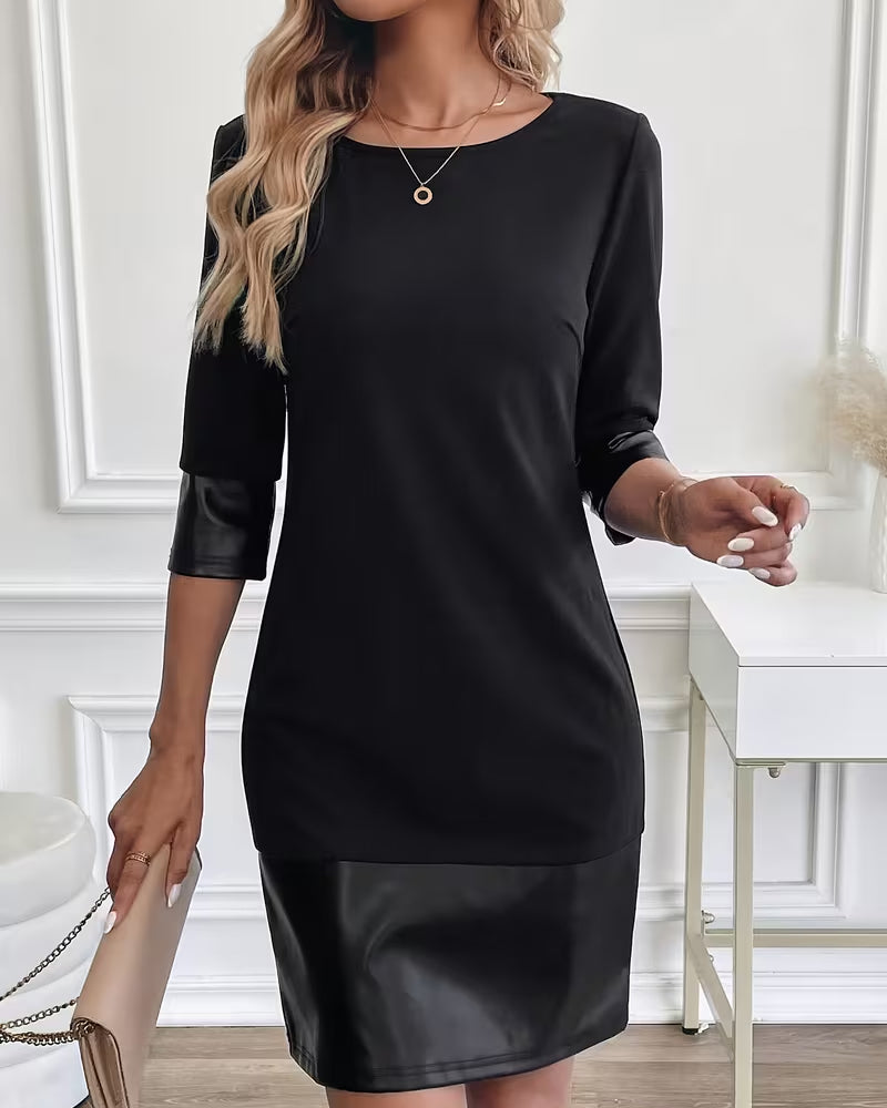 Klänning Pu Läder Patchwork Rund Hals