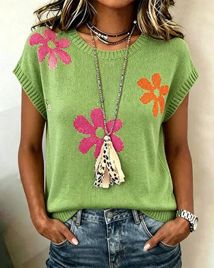 Pullover Rundhalsad Blommönster Stickad