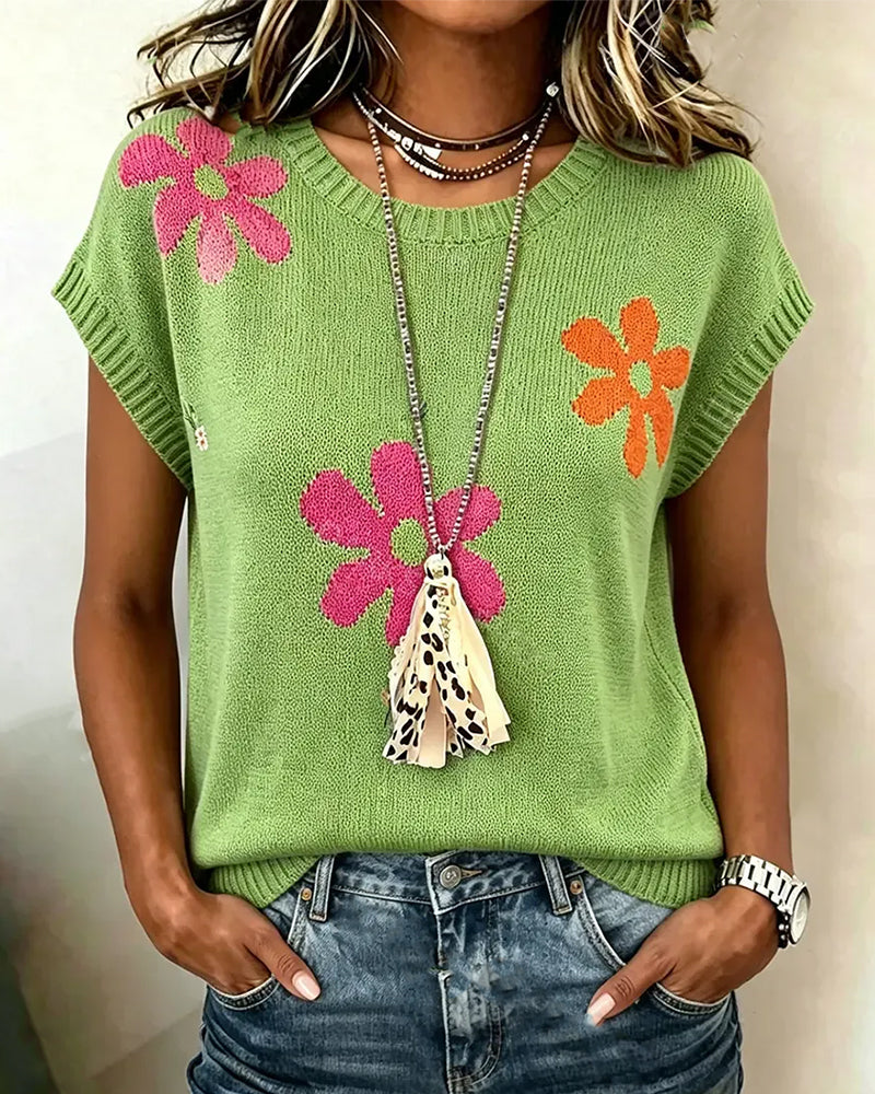 Pullover Rundhalsad Blommönster Stickad