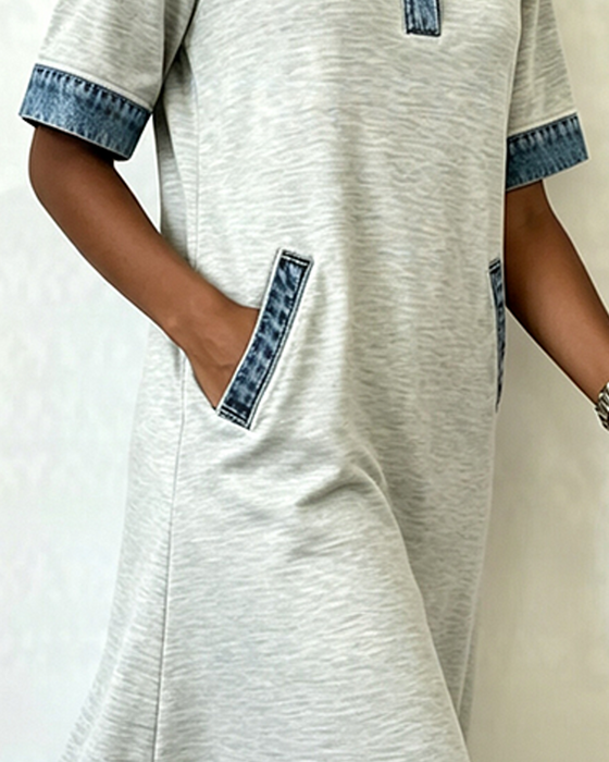 Klädning Skjortkrage Denim Patchwork Ficka