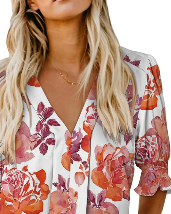 Blus Elegant Småblommigt Mönster