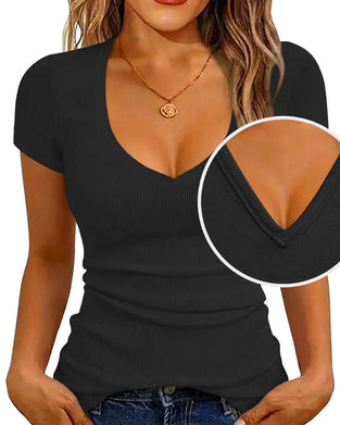 T-Tröja Ribbad Slim Fit V-Ringning Kortärmad