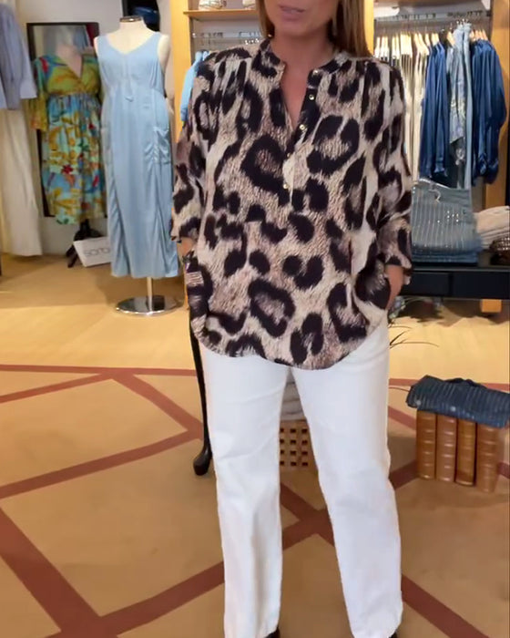 Blus Löst Leopardtryck Halv Knapp