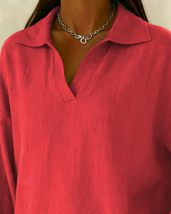 Blus Bomull Lykta Ärm Krage Enfärgad