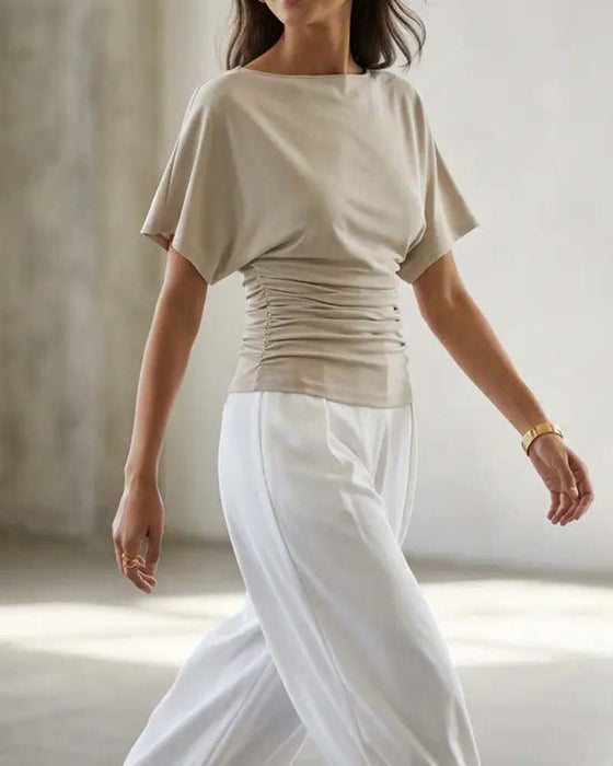 Blus Casual Solid Veckad Kort Ärm