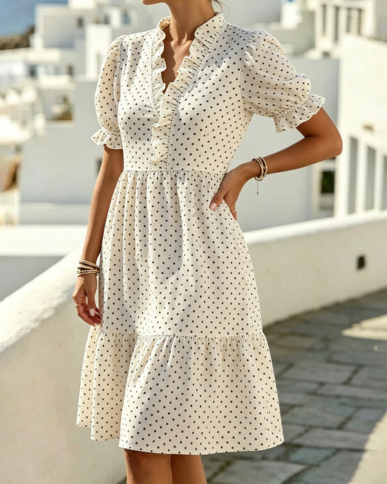 Klädning V-Hals Spets Trim Polka Dot