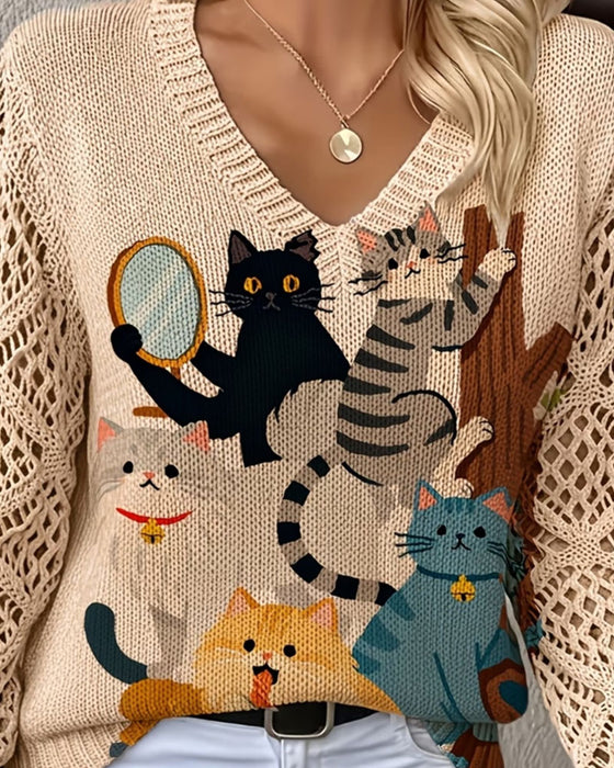 Pullover V-Hals Urholkning Tecknad Katt Tryck