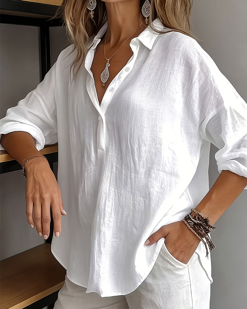 Blus Enfärgad Krage Halvknäppning Långärmad