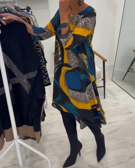 Elegant Tryckt Klänning Med Runt Halsutsnitt