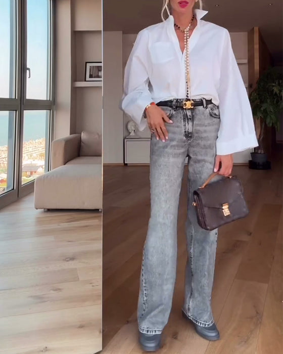 Skjorta Lapel Enfärgad Casual