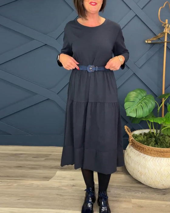 Casual enfärgad patchworkklänning med rund hals