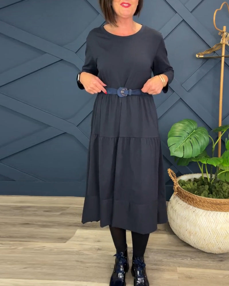 Casual enfärgad patchworkklänning med rund hals