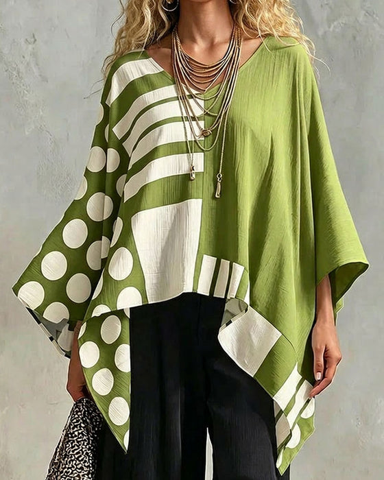 Blouse Polka Dot Rand Patchwork V Ringning