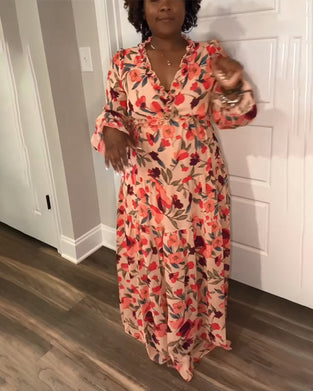 Klänning V-Ringad Lång Ärm Blommig