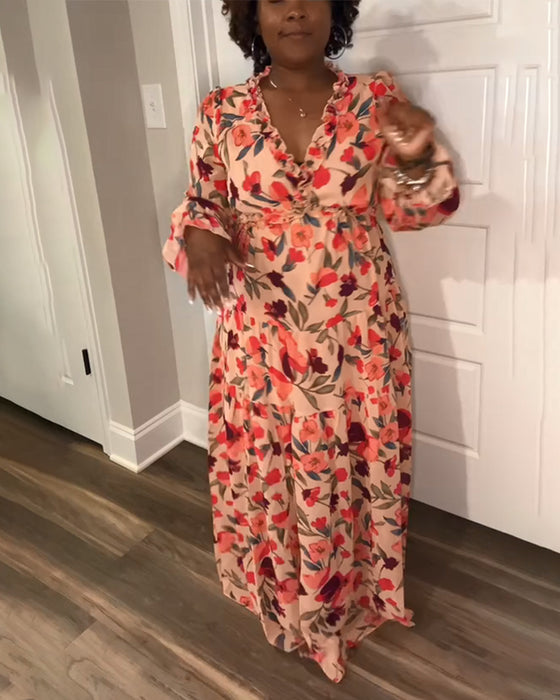 Klänning V-Ringad Lång Ärm Blommig