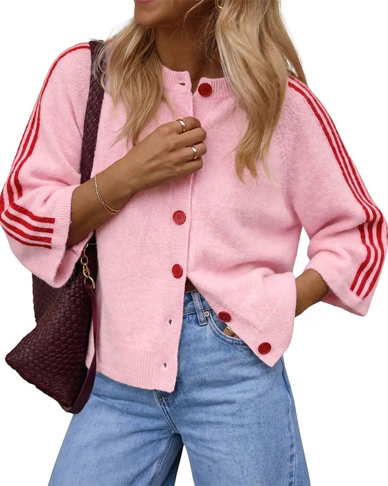 Cardigan Randig 3/4 Ärm Knapp