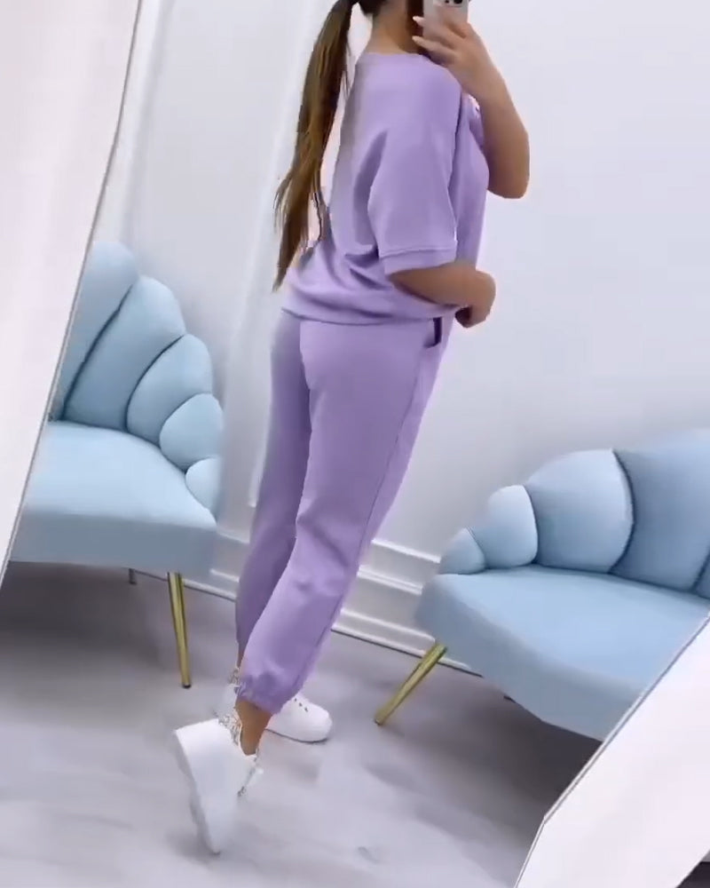 Set Rund Hals Halv Ärm Sweatshirt