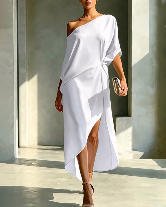 Klädning Off-Shoulder Rynkad Oregelbunden Solid