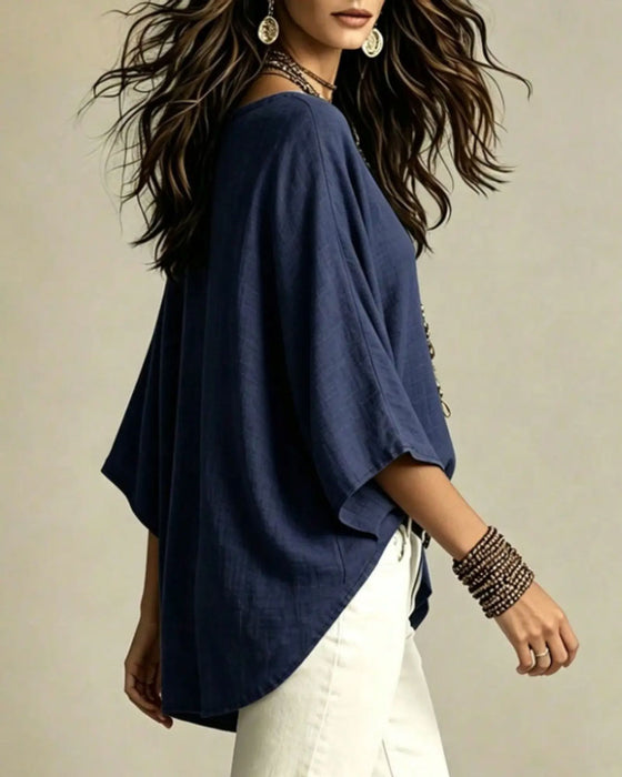 Blouse V-Hals Trefjärdedels Ärm Löst