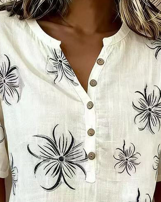 Blouse Crew Neck Knappslå Blommig Casual