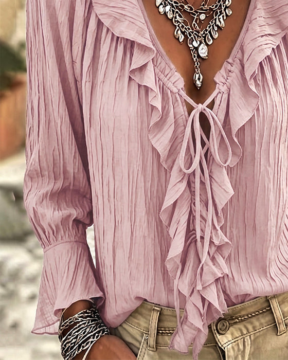 Blus Ruffle Trim Snörning Lång Ärm