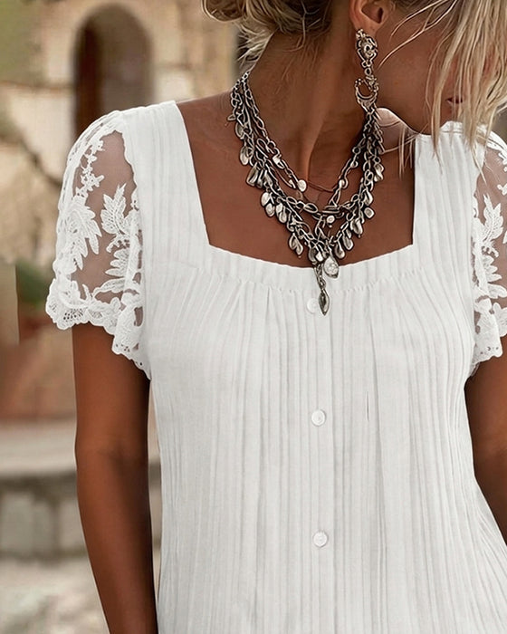 Blus Fyrkantig Hals Ribbad Spets Patchwork