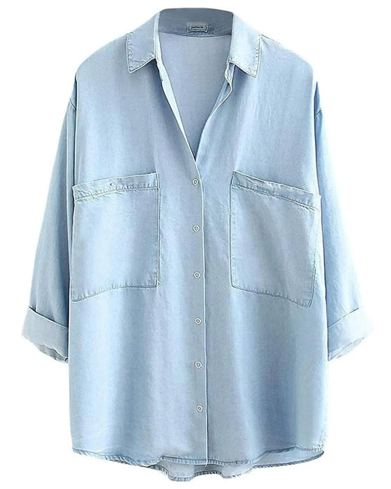 Skjorta Krage Ficka Knappned Denim