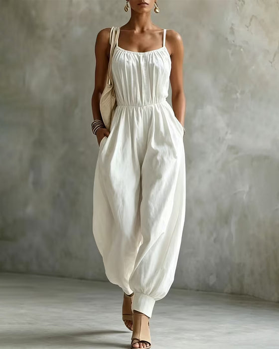 Jumpsuit Spagettiband Veckad Midjeknyt Bred Ben