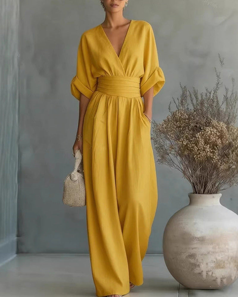 Jumpsuit V-Hals Kors Midjeknyt Bred Ben
