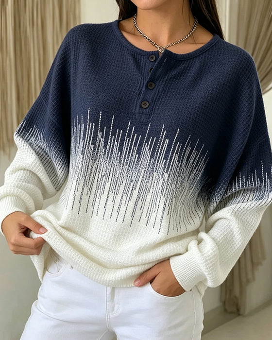 Sweatshirt Rundhalsad Knapp Våffelstickad Färgblock