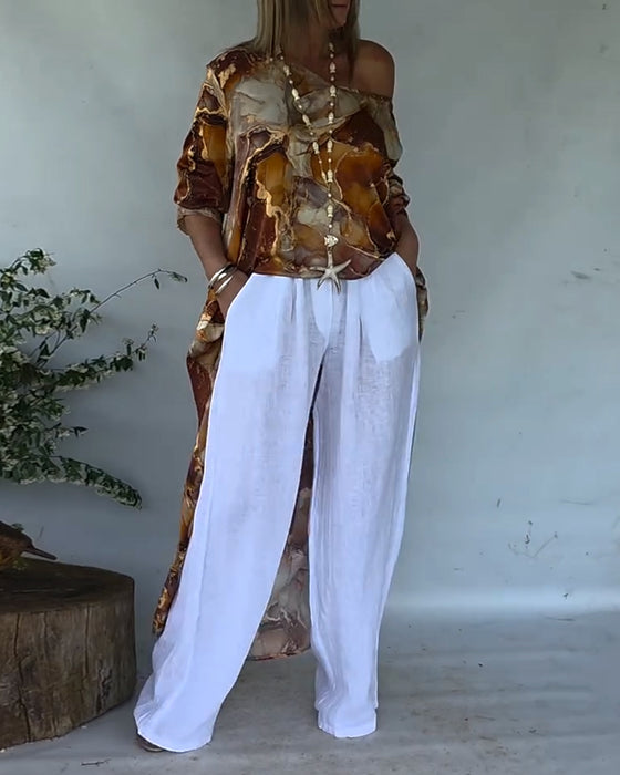 Blus Trendig Slits Tryckt