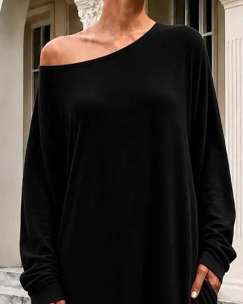 Klänning Asymmetrisk Off-Shoulder Lång Ärm Ficka Maxi